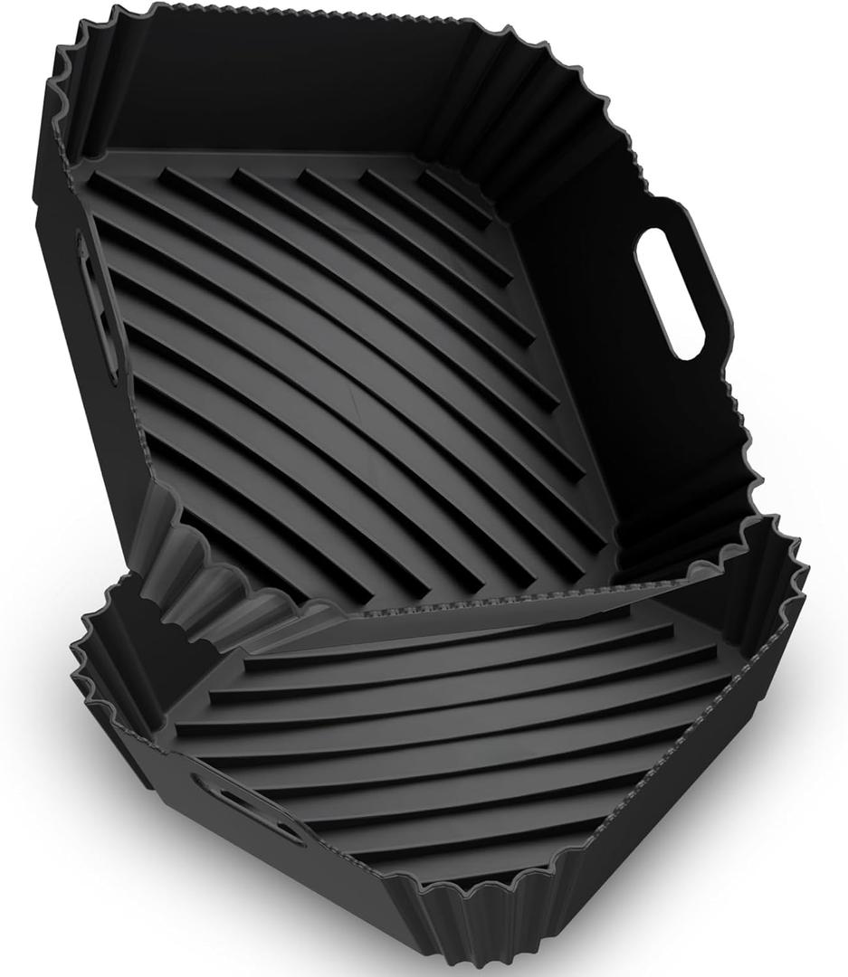 Air Fryer Silicone Liners 2 Pack, Reusable Square Air fryer Basket Liners, 4-6Qt Silicone Baking Tray for Instant Air fryer, Oven Microwave Pot Accessories, Food Grade Kitchen Gadgets (Black and Black)