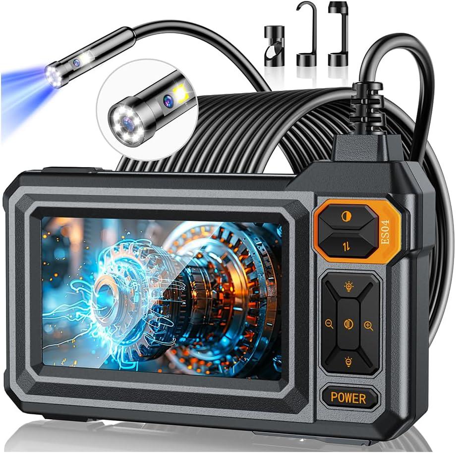 Borescope Dual Lens Endoscope Camera with Light, 4.3" IPS 1920P HD Inspection Camera, 7.9mm IP67 Waterproof with 8+1 Adjustable LEDs, 16.5FT Semi-Rigid Snake Cable for Mechanic, Cool Gadgets for Men
