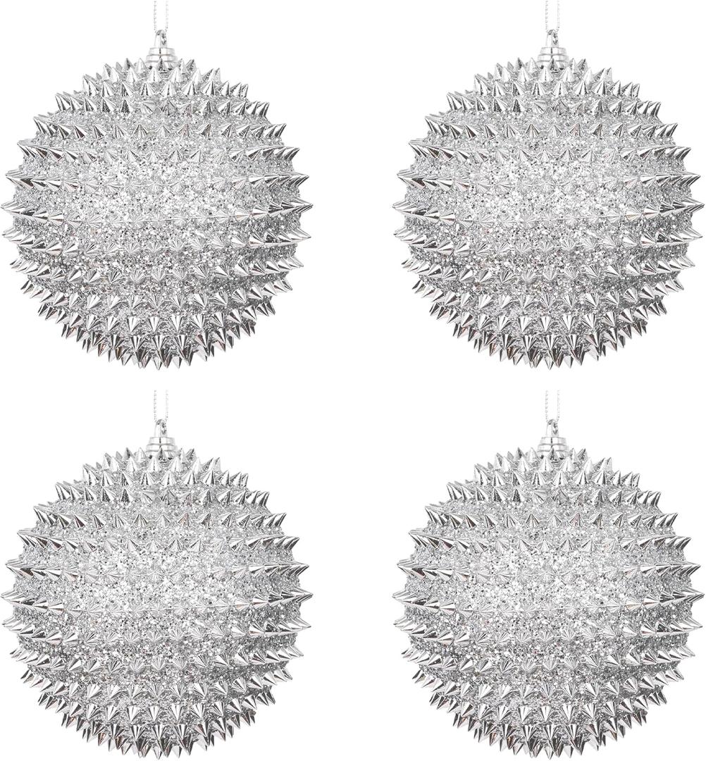 Spiked Glitter Christmas Ornaments, 4PCS 3.54" Handcrafted Cone Stud Ball Decorations in Punk Rock Gothic & Modern Glam Style, Shatterproof Christmas Tree and Holiday Decor for Home Party or Gift