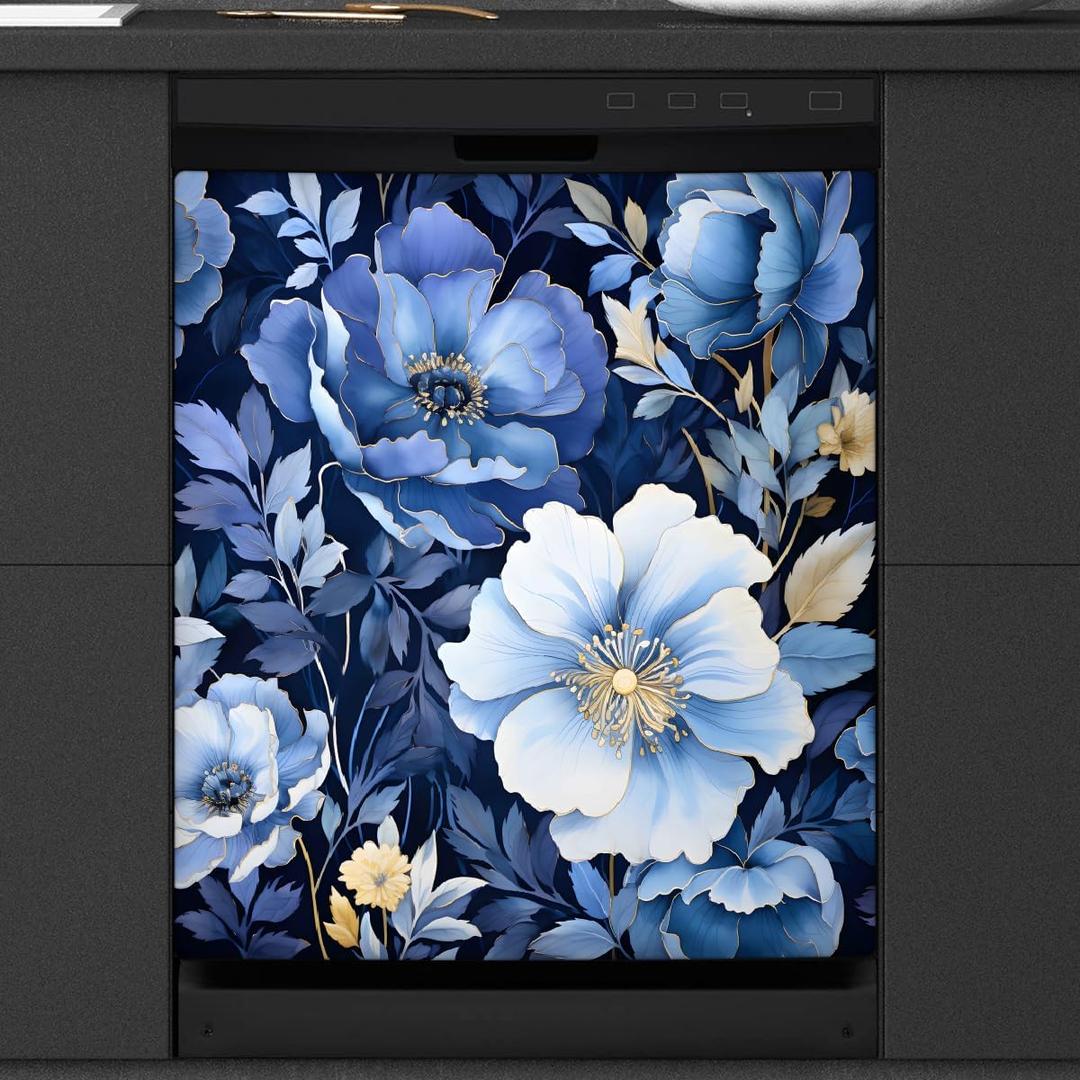 Painting Blue Floral Plant Dishwasher Magnet Cover Decorative Refrigerator Covers Magnetic Reusable Dishwasher Door Cover Kitchen Appliance Sticker Cover 21x26Inch
