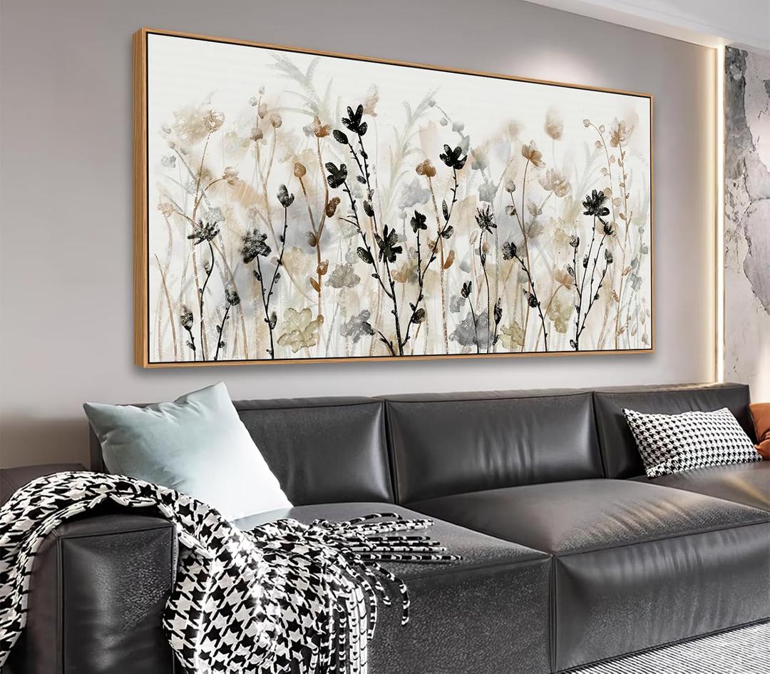 Framed Flower Canvas Wall Art Blossom Canvas Pictures Abstract Grey Cream Brown Landscape Artwork Canvas Prints for Home Living Room Bedroom Kitchen Office Wall Decor Ready to Hang 24"x 48"