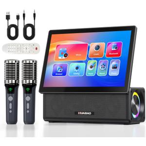 HUABAO Portable Karaoke Machine with 14.1 HD Rotatable Screen, Wireless Screen Mirroring for Android & iOS, Bluetooth Party Speaker with Lyrics Display & Lights, PA System with 2 Wireless Microphones