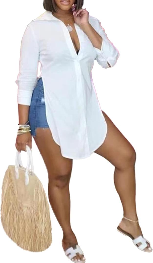 LYANER Women's Collar V Neck Button Front Long Sleeve Slit Hem Long Shirt Blouse Top (Medium, White)