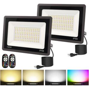 L LOHAS LED 150W Flood Light Outdoor, RGB Landscape Lighting with Remote Control, Timing - 2700K/4500K/6500K - Color Changing for Patio Backyard Step Wall, IP66, US 3-Plug, UL Listed (2 Pack)