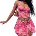 2 Piece Summer Vacation Outfits Beach Spaghetti Strap Tops Split Mini Skirt Set S