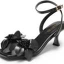DREAM PAIRS Women's Flower Wedding Heels Cute Square Toe Slingback Low Kitten Heels Sandals with Ankle Strap, 9