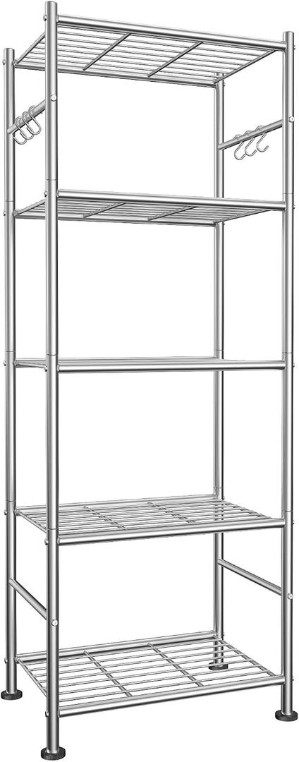 5-Tier Storage Shelves with Hooks, 18.1" x 12.4" x 56.8", Silver, 18.1W×12.4D×56.8H