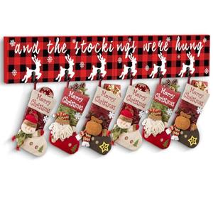 FIPUTE Christmas Stocking Holder with 6 Hangers for Wall Stocking Hangers for Mantel The Stockings were Hung Wooden Sign Foldable Stocking Hook for Fireplace Christmas Wall Decor (Red-Deer)
