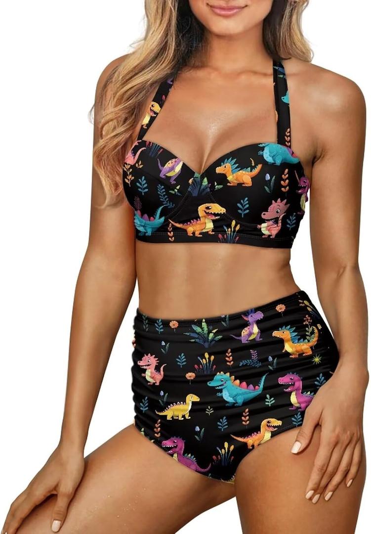 Halter Ruched Swimsuit Set of 2 Womens High Waisted Bikini Sexy Tummy Control Two Piece Swimsuits (XL)