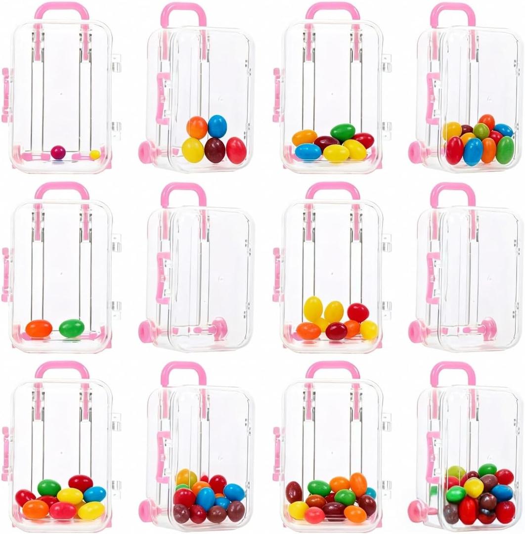 DOITOOL Mini Suitcase Candy Boxes 12 Pcs Clear Plastic Wedding Packaging Boxes Party Favor Storage Containers 3X2X1.5In (Pink)