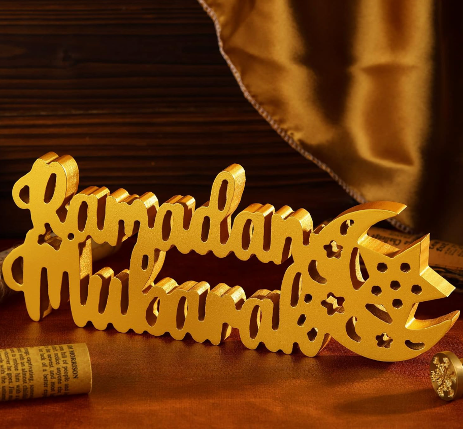 Queekay 9.8in Ramadan Mubarak Sign Table Decorations for Home Ramadan Eid Mubarak Table Decor Wooden Centerpiece Tabletop Decor for Islamic Gifts Home Office Party Decorations