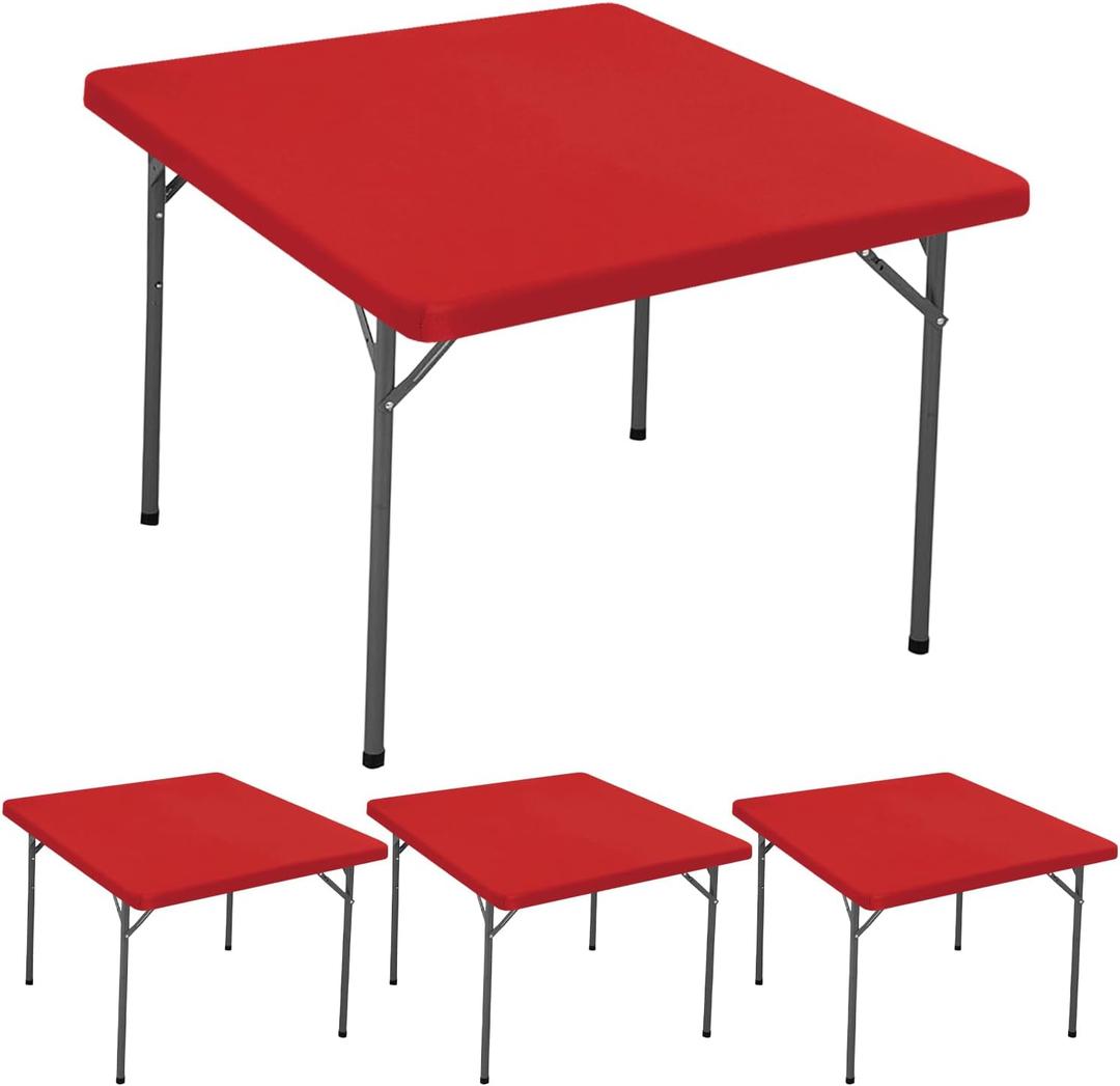 4 Pack 48 x 48 Inches Square Fitted Outdoor Tablecloth for Card Table Elastic Waterproof Stretch Washable Patio Folding Picnic Table Cover Spandex Tablecloth for Camping Banquet and Parties (Red)