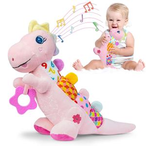 Baby Dino Musical Stuffed Animal Toys for 0-3-6-9-12 MonthsInfant Dinosaur Tummy Time Toys with Crinkle Sound PaperTeetherTextures & Rattles for Newborn Boys Girls Birthday GiftsPink