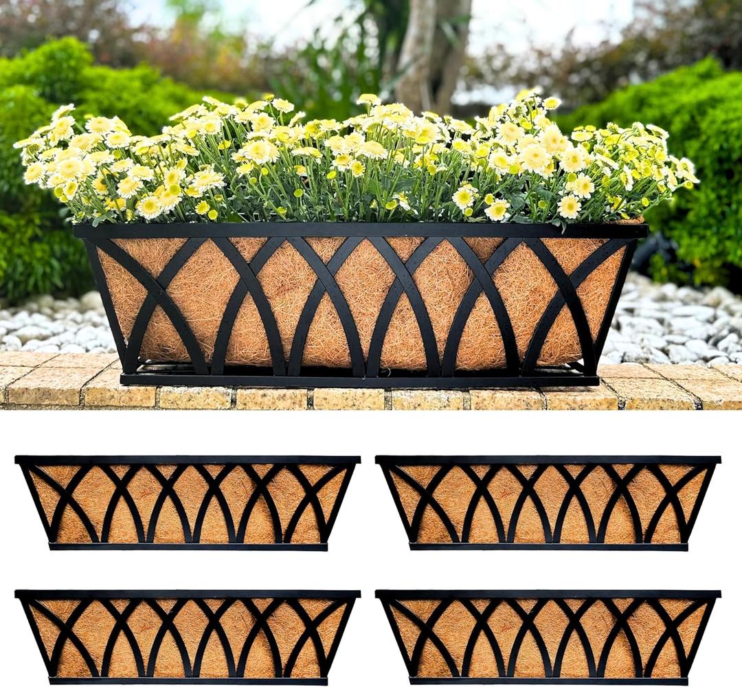 LaLaGreen Wall Planters (4 Pack, 24 Inch) Large Fence Planters for Outdoor Plants with Coco Liner Metal Deck Railing Flower Basket Window Box Attach House Outside Horse Trough Porch Balcony Garden