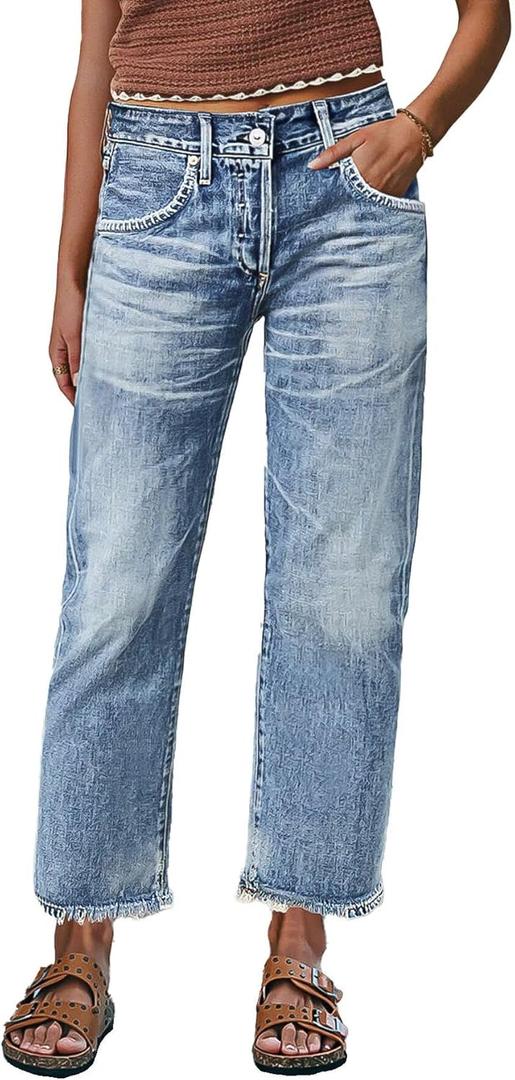 Flamingals Straight Leg Crop Jeans for Women Wash Raw Hem Mid Waist Jeans (Small, Light Blue)