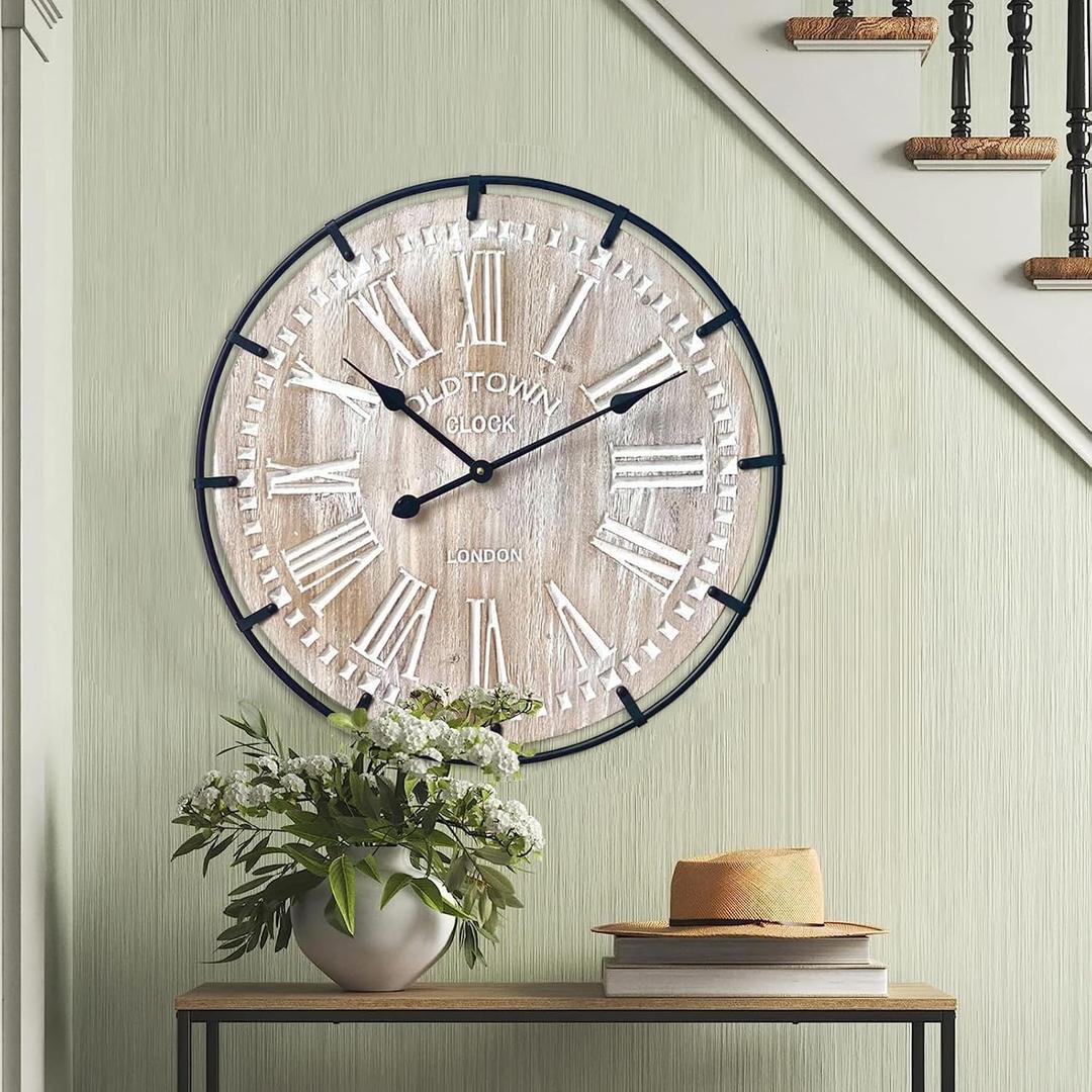 EMAX HOME 24 Inch Large Farmhouse Wall Clock, Rustic Antique Wood with Metal Circle and Large Engraved Numerals, Silent Battery Operated Wall Clock for Office Kitchen Bedroom Living Room