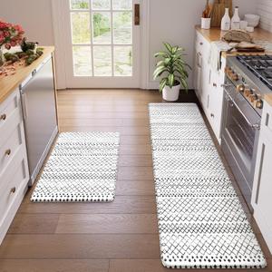 KIMODE Kitchen Mats for Floor Cushioned Anti Fatigue, Boho Kitchen Rugs Sets of 2, Non Slip Kitchen Floor Mats,Comfort Standing Mats for Sink Laundry Desk Black and White 20"x71"+20"x32"