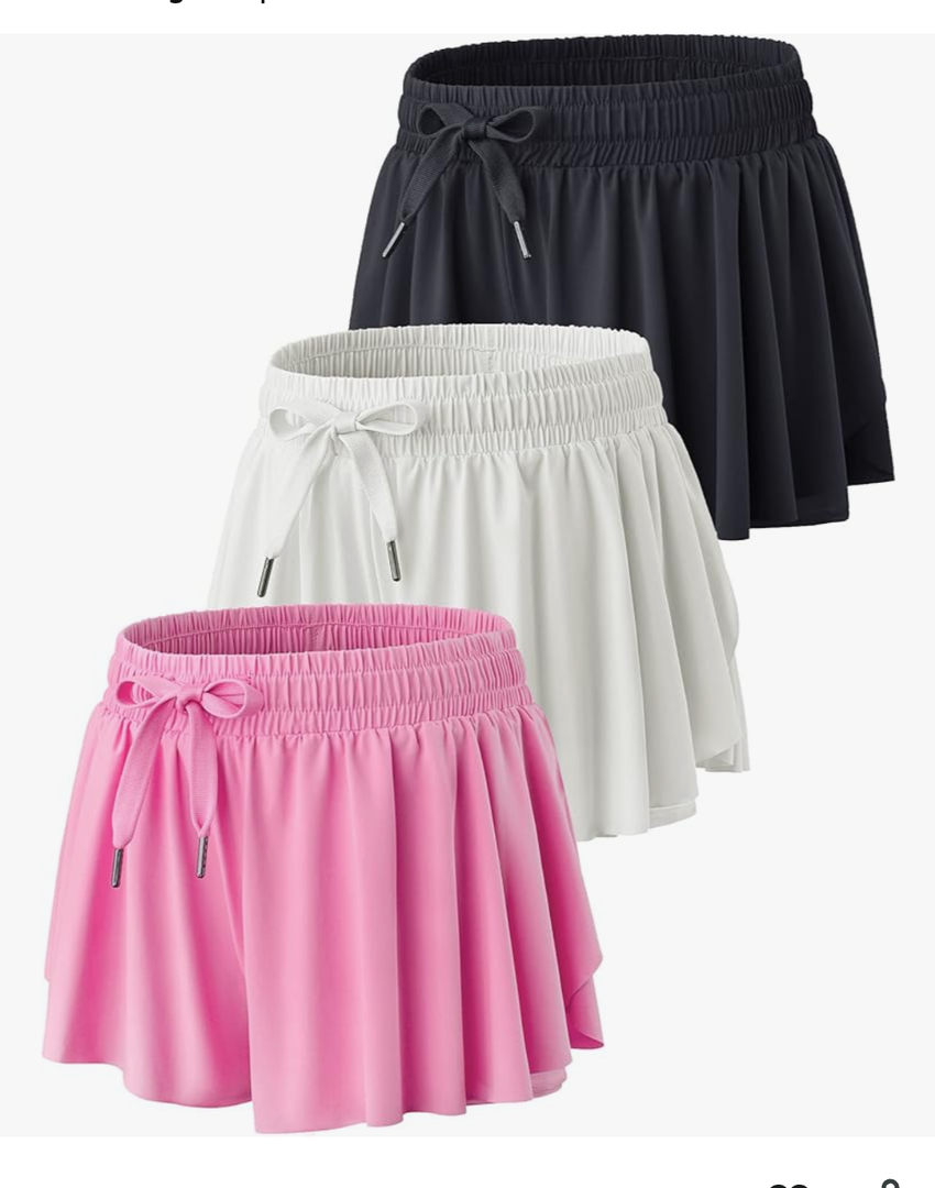 3 Pack Girls Flowy Shorts with Spandex Liner 2-in-1 Youth Butterfly Skirts for Fitness, Running, Sports M Size