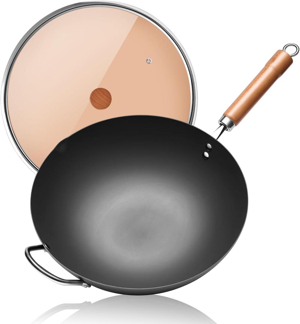 WANGYUANJI Carbon Steel Wok Pan, 13.4" Woks & Stir-Fry Pans with Glass Lid No Chemical Coated Flat Bottom Iron Wok for Induction, Electric, Gas, Halogen All Stoves