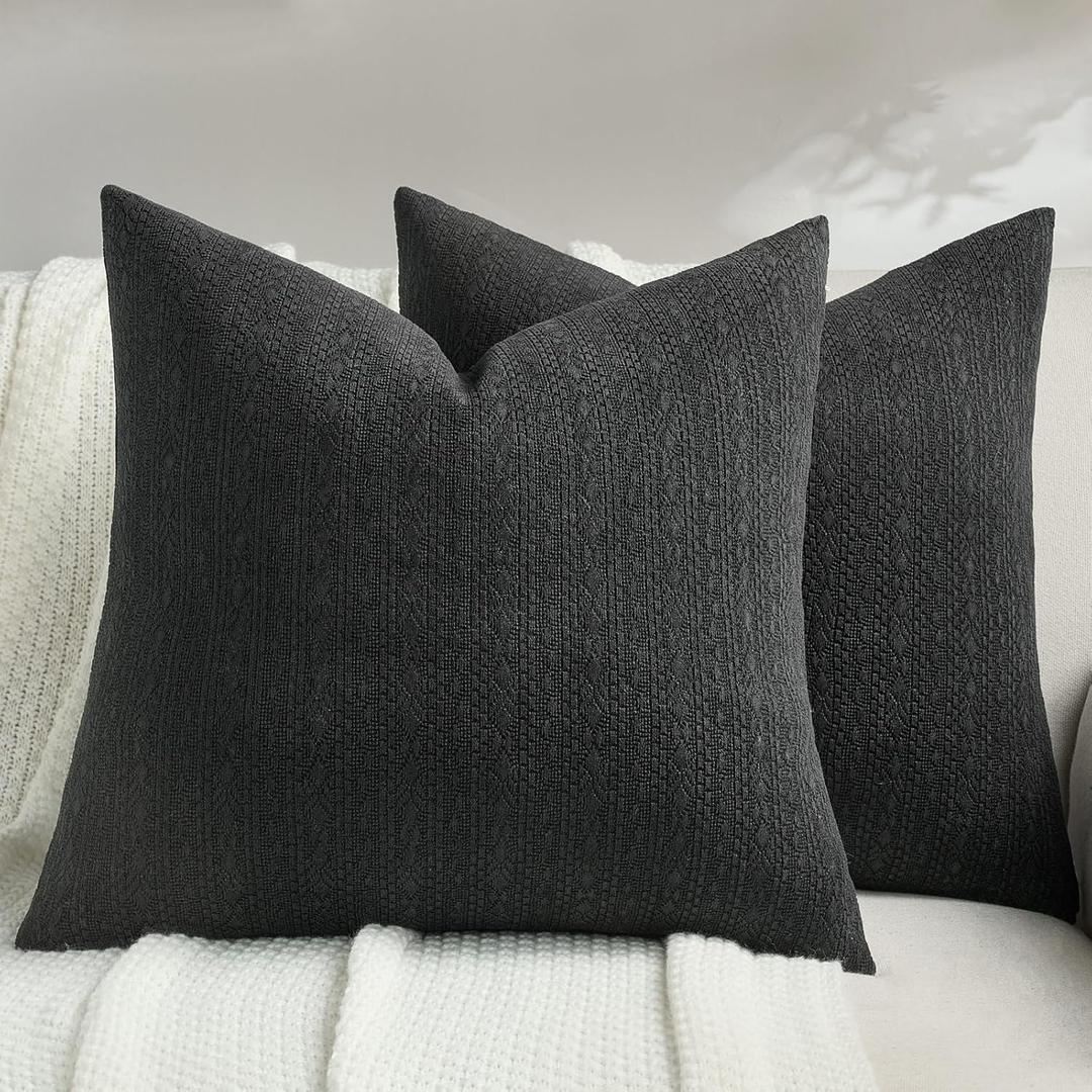 FUTEI Black Chenille Throw Pillow Covers 24x24 Inch Set of 2,Soft Striped & Diamond Textured European Cushion Cases,Modern Home Decor for Couch Living Room