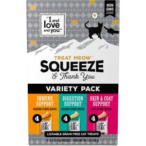 I AND LOVE AND YOU Treat Meow Variety Pack - 12CT Assorted creamy, squeezable puree cat treats in a 12-count variety pack Exp Mar 2026