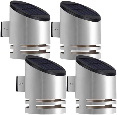 Dynaming 4 Pack Solar Wall Lights, Stainless Steel Cover Outdoor Wall Sconce Lights, Cordless LED Lights Auto On/Off Mounted Fence Deck Light, Waterproof for Garage Stair Patio Porch Barn Yard