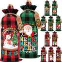 12PCS Burlap Bag Christmas Gift Bags, Drawstring Retro Christmas Bottle Cover Gift Bag w/ Tag, Buffalo Plaid Wines Bags for Bottles Gifts Reusable Bottle Covers for Xmas Holiday Party Decor (Classic Red & Green Plaid)