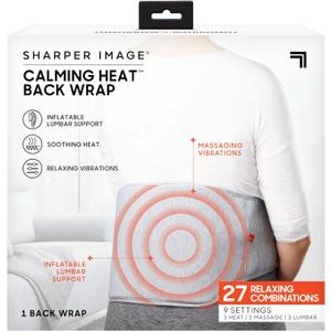 Calming Heat Back Wrap by Sharper Image- Electric Back Heating Pad with Customizable Inflatable Lumbar Support, Soothing Heat, & Massaging Vibrations- 9 Settings 3 Heat, 3 Vibration, 3 Lumbar