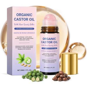 Organic Castor Oil Rose Quartz Roller Ball, 100% Pure, Cold-Pressed, Unrefined & Hexane-Free, Moisturizing Facial Oil for Face & Under Eyes, Cooling Facial Massage Roller for Puffiness & Dry Skin