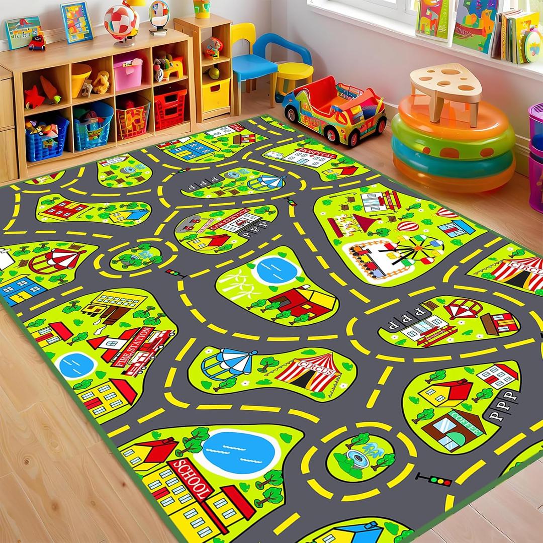 Car Rug Play Mat 2.6x5 Feet, Car Road Rug for Kids City Road Map Carpet Educational Learning Play Carpet Kids Play Rugs for Playroom Classroom Bedroom (Multi 1966)