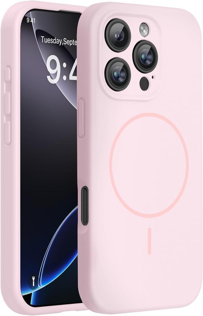 Miracase Magnetic for iPhone 16 Pro Case, [Soft Anti-Scratch Microfiber Lining], Compatible with MagSafe, Liquid Silicone Case Shockproof Drop Protection Phone Case for 16 Pro,Sand Pink