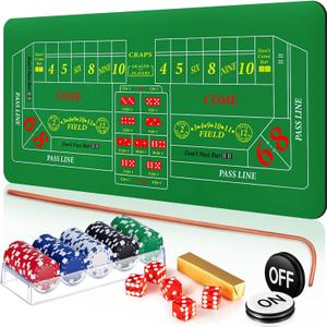 Leyndo Craps Tabletop Game Set, Includes 35" x 70" Rubber Craps Tabletop Layout Mat, 36" Rattan Stick, Casino Grade AAA 19mm Dice, 3 Inch On/Off Buttons and 100 Poker Chips with Case (Green)