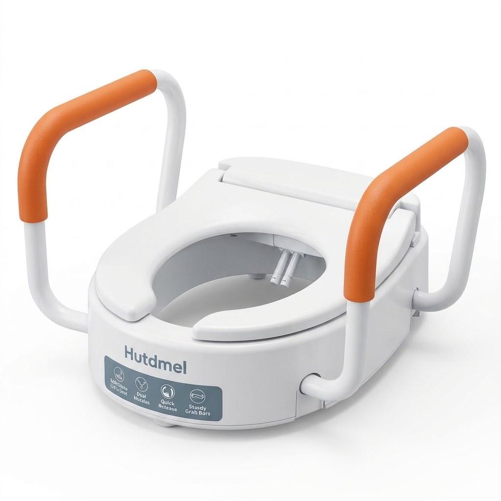 Hutdmel Raised Bidet Toilet Seat Riser Handles – Soft Close Lid & Seat, Dual Nozzles, Quick Release &  2.8" Elevated Comfort for Easier Mobility: The 3-inch raised height helps reduce pressure on knees (Handle Only)