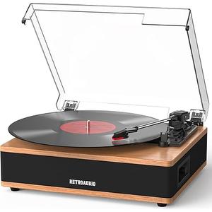 Vinyl Record Player Bluetooth Turntable with Built in Stereo Speakers Belt Drive 3 Speeds Vintage Turntables for Vinyl Records Support RCA Output, Aux in, Auto Stop, Light Walnut