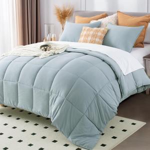 KASENTEX King Size Comforter Set 3 Piece, Seersucker Breathable Fabric, Lightweight Fluffy Down Alternative, Box Stitch Quilting, All Season Machine Washable with 2 Pillow Shams, Grey Blue