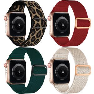 4 Pack Stretchy Solo Sport Band Compatible with Apple Watch Bands 40mm 44mm 45mm 46mm 42mm 41mm 49mm 38mm Women Men Nylon Elastic Loop Braided Strap for iWatch Series 11 10 9 8 7 6 5 4 Ultra SE 3 2 1 (Red/Apricot/DarkGreen/Leopard)