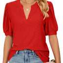 PerZeal Women's Summer Tops Tunic V Neck Ruffle Half Sleeve Blouses Short Sleeve Casual Loose Tops T-Shirts Red Large