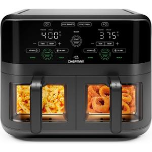 CHEFMAN 6 Quart Dual Basket Air Fryer Oven with Easy View Windows, Sync Finish, Hi-Fry, Auto Shutoff, 2 Independent 3Qt Nonstick Dishwasher Safe Frying Baskets, Digital Double Air Fryer - Black