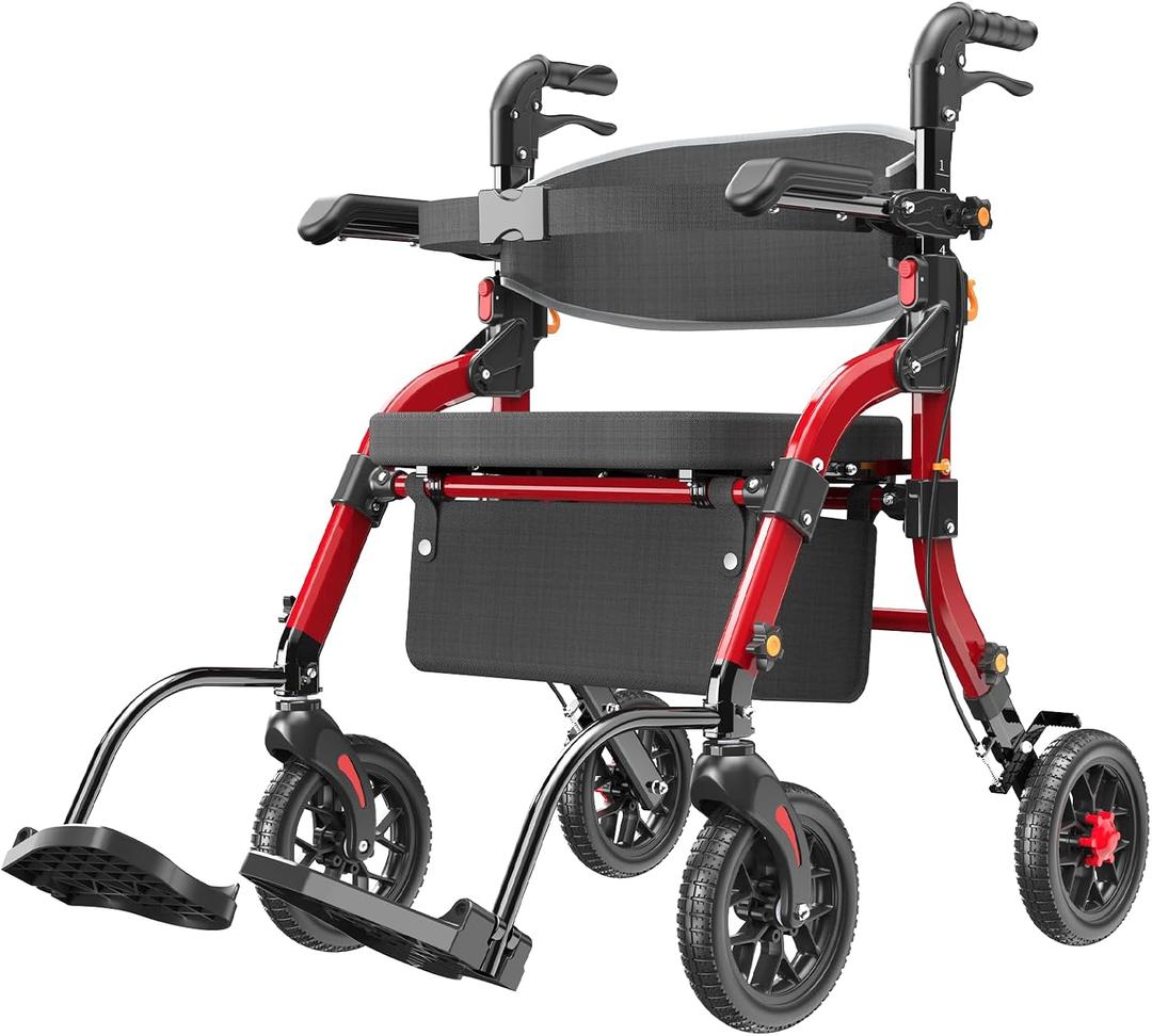 Rollator Walkers for Seniors with Seat, 2-in-1 Walker Wheelchair Combo, Foldable Rolling Walker with Seat, Wheelchairs for Adults 400 lbs Capacity, Adjustable Height