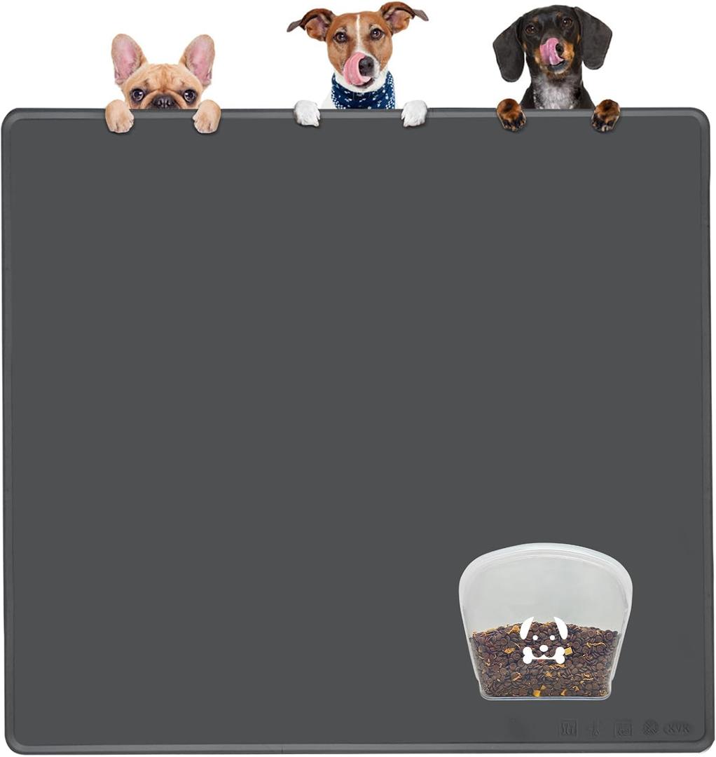 KVK Extra Extra Large Silicone Dog Food Mat 39.443.3in and 128oz Silicone Bag Set, Super Size Waterproof Pet Feeding Mat & Container, Non-Slip, Chew-Resistant Floor Protection (Dark Grey&Clear)