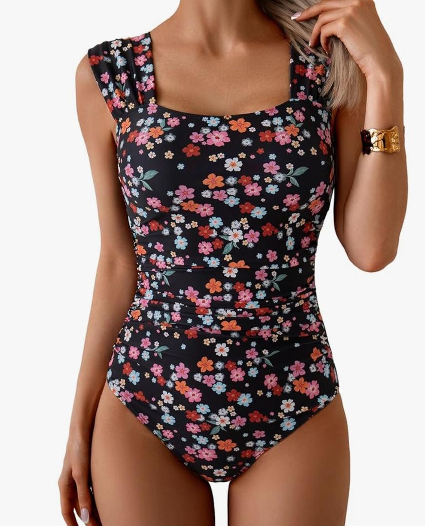 B2prity Womens One Piece Swimsuit Retro Square Neck Tummy Control Bathing Suits Ruched Modest Full Coverage Swimwear, Large