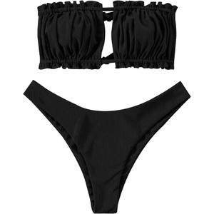 ZAFUL Women 2 Piece Strapless Bikini Swimsuits Ruffle Ribbed Self Tie Bandeau Bikini Set High Cut String Bathing Suits, Size L