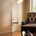 EDISHINE 68" Arc Floor Lamp with Table, Vintage Standing Lamp for Living Room with Tray, Tall Reading Lamp, Beige Shade, Adjustable Arm, Remote Dimmable Bulb Included, for Bedroom Office, Wood Grain