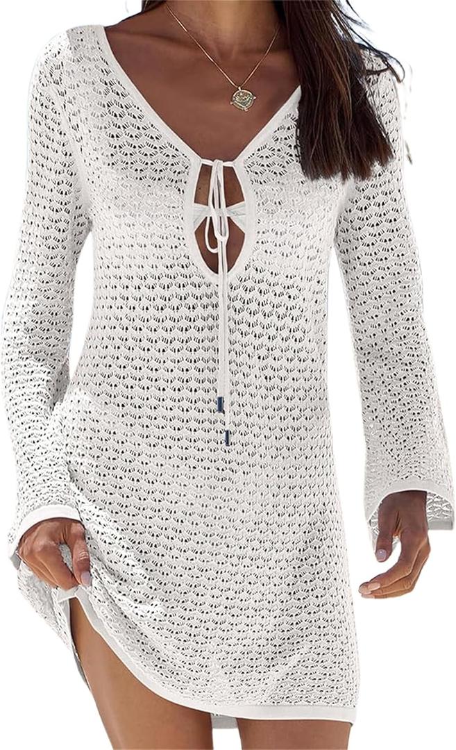 Owl's-Yard Womens Summer Crochet Dress Tie Up Front Hollow-Out V Neck Long Sleeves Bodycon Dress Sarongs for Women Beachwear (Large)