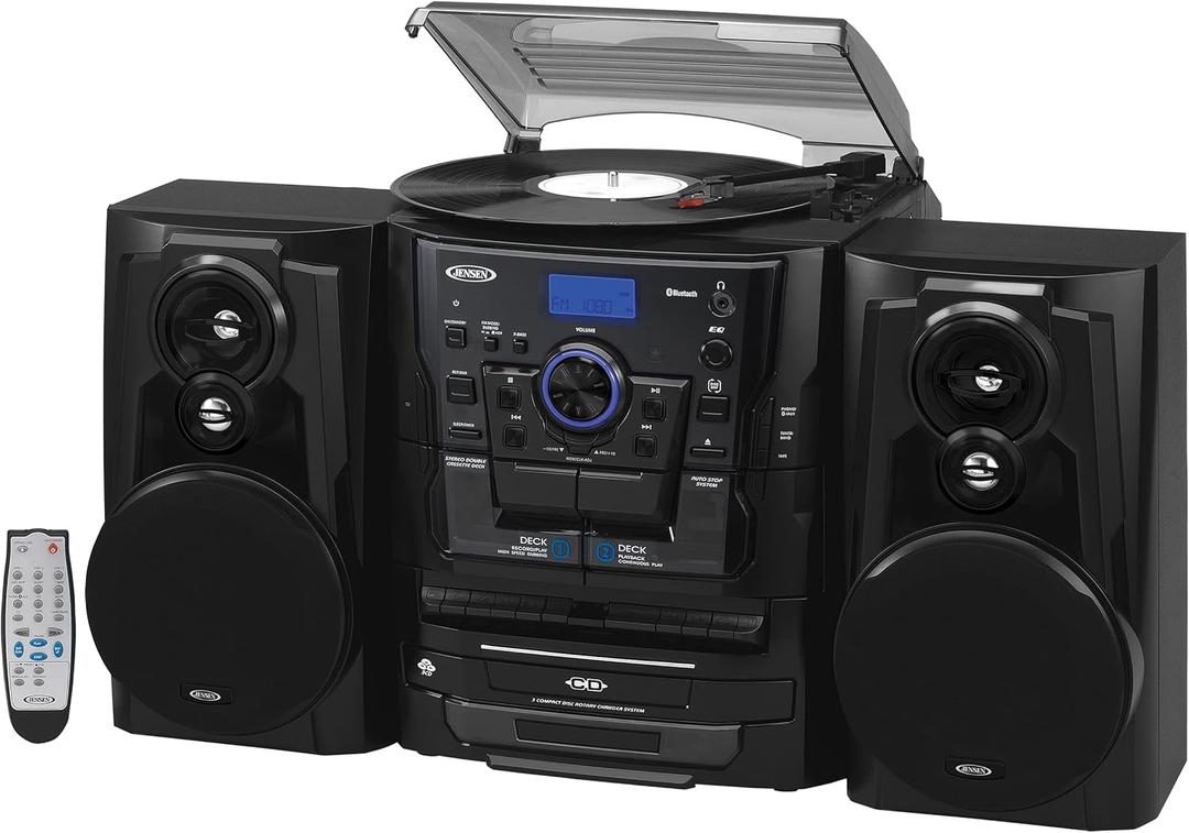 JENSEN Bluetooth 3 Speed Stereo Turntable 3 CD Changer Music System with Dual Cassette Deck, Pitch Control and Remote Control