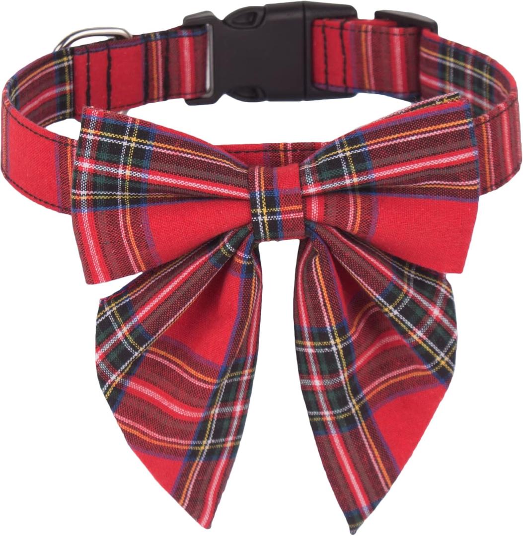 ADOGGYGO Christmas Dog Collar with Bow, Adjustable Cotton Red Plaid Bowtie Dog Christmas Collars for Dogs Pets (Medium, Xmas)