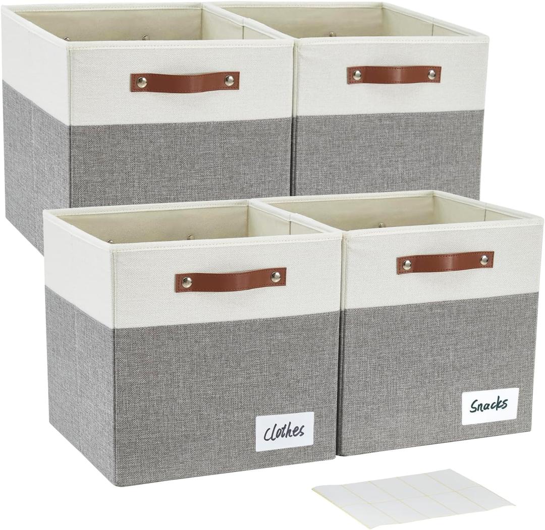 Collapsible Fabric Storage Cube Bins with 2 Reinforced PU Handles, Foldable Storage Organizer Baskets for Closet, Shelves, Living Room | 13"x13"x13", Pack of 4, Gray & White