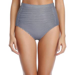 Tempt Me Women Striped Ultra High Waisted Bikini Bottoms Ruched Tummy Control Bathing Suit Bottoms, Medium 