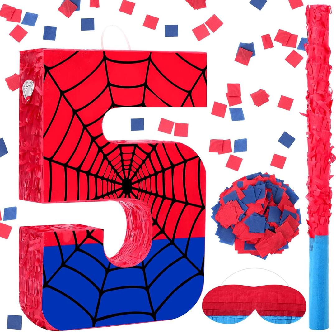 Simgoing Number 5 Spider Web Piata Bundle with Blindfold Small Piata for Kids Birthday Party Decoration Mexican Fiesta Cinco De Mayo Anniversary Celebration Gift, 15.75 x 11 x 2.8 In(Red Blue)