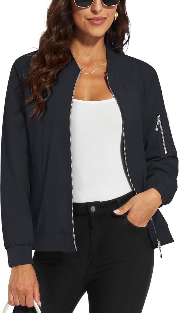 MAGCOMSEN Women's Casual Jacket Lightweight Bomber Jackets 5 Pockets Windbreaker Zip-up Spring Fall Outerwear (M)